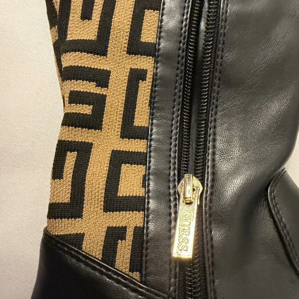 Guess Over The Knee Boots Womens Black Tan Monogram Knit Pull on/Zip